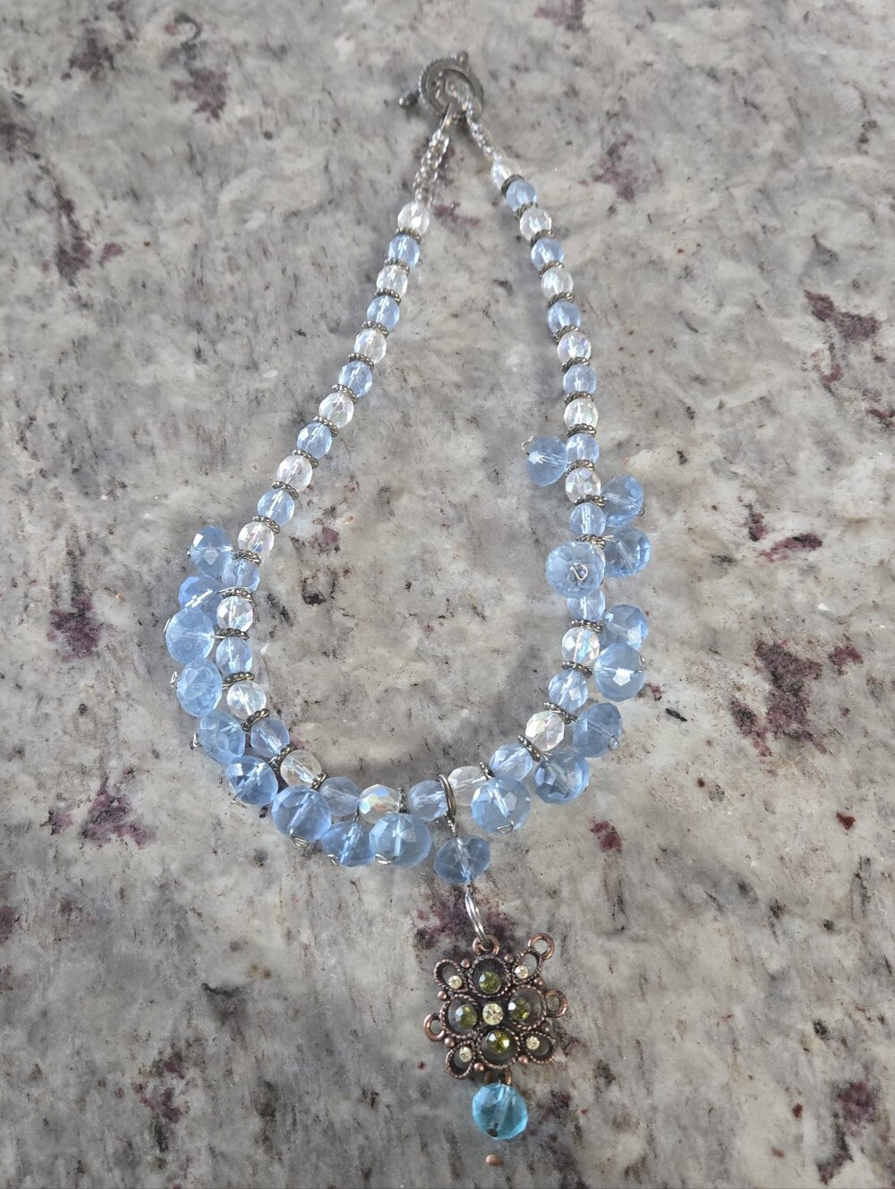 Blue Crystal Beaded Floral Pendant Necklace